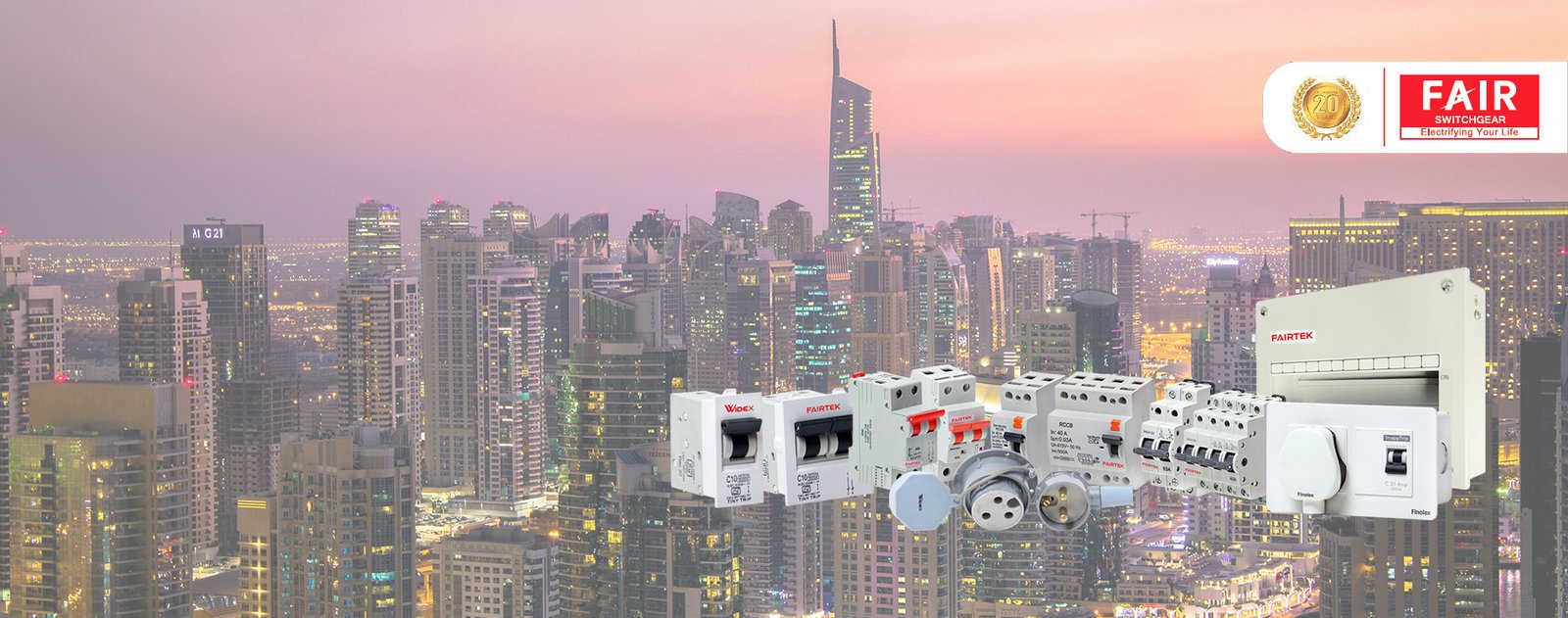 Fairtek switchgear products over a city skyline